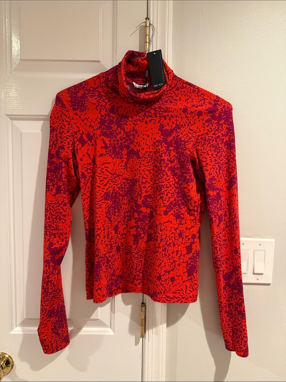 Long Sleeve Turtleneck Top in Red and Purple Abstract Print
